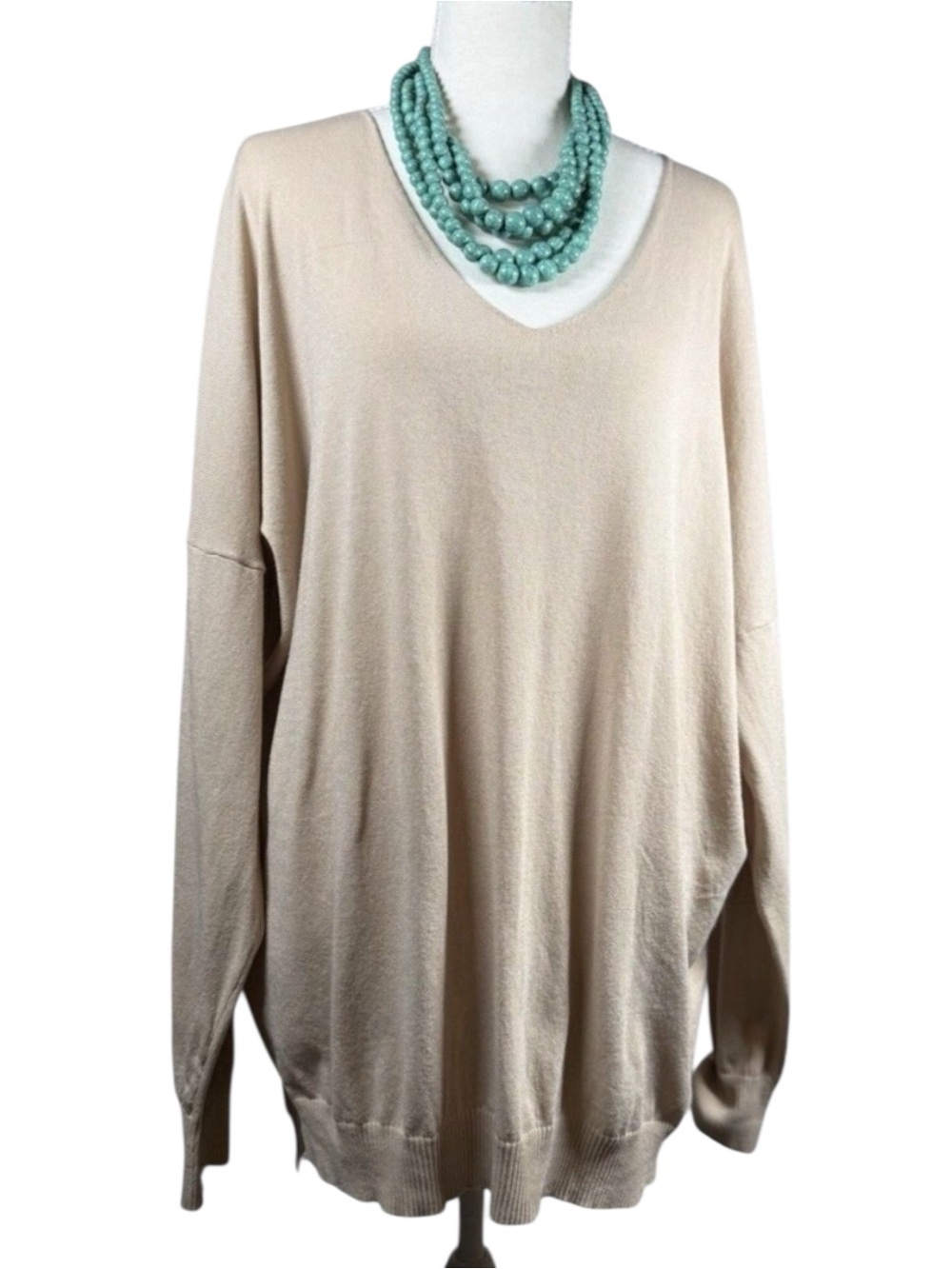 Sweet Lovely Beige V Neck Sweater Tunic 1X 2X Oversized Soft Knit